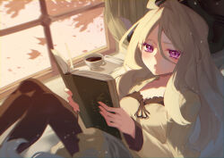 Rule 34 | 1girl, ahoge, blue archive, blush, book, closed mouth, coat, coat on shoulders, coffee cup, cup, demon girl, demon horns, disposable cup, dress, frilled dress, frills, fularika, hair between eyes, hair over shoulder, highres, hina (blue archive), holding, holding book, horns, indoors, legs together, long hair, looking at viewer, purple eyes, shadow, sitting, solo, thighhighs, white hair, window