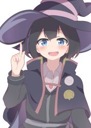 Rule 34 | 1girl, :d, black capelet, black hair, black hat, black robe, blue eyes, blush, capelet, collared shirt, commentary request, crescent, grey shirt, hand up, hat, hatafuta, index finger raised, long sleeves, looking at viewer, majo no tabitabi, open mouth, robe, saya (majo no tabitabi), shirt, short hair, simple background, smile, solo, star (symbol), teeth, upper body, upper teeth only, white background, witch, witch hat