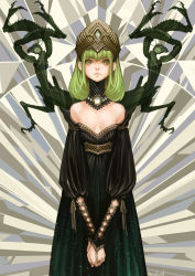 Rule 34 | 1girl, arthropod girl, bad id, bad pixiv id, bare shoulders, black dress, breasts, bridal gauntlets, closed mouth, detached collar, dress, feet out of frame, frown, gem, gradient dress, green dress, green eyes, green hair, hat, highres, jewelry, long arms, long neck, long sleeves, looking at viewer, mantis, medium hair, nishiki areku, off-shoulder dress, off shoulder, original, own hands together, puffy long sleeves, puffy sleeves, ribbed dress, ribbon, ring, small breasts, solo, standing, wrist cutout