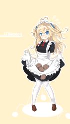 Rule 34 | 1girl, @ @, alternate costume, apron, bad id, bad pixiv id, blonde hair, blue eyes, blush, character name, enmaided, fang, flying sweatdrops, full body, hair between eyes, highres, long hair, looking at viewer, maid, o&#039;bannon (warship girls r), open mouth, potato, sasya, skirt, skirt basket, smile, solo, standing, two side up, warship girls r, wavy mouth, white legwear