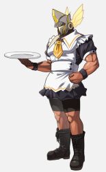 Rule 34 | 1boy, apron, armband, protagonist (pso2), bara, black armband, boots, clenched hand, combat boots, cyborg, dark-skinned male, dark skin, glowing, grey background, hakidashi 11, holding, maid apron, male focus, masked, muscular, muscular male, neckerchief, pectorals, phantasy star, phantasy star online 2, robot ears, shorts, solo, tray, yellow neckerchief