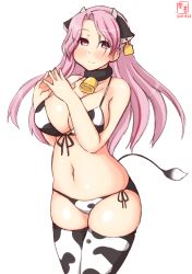 Rule 34 | 1girl, alternate costume, animal ears, animal print, artist logo, bikini, breasts, cleavage, commentary request, cow ears, cow horns, cow print, cow tail, cowboy shot, dated, front-tie top, halterneck, highres, horns, kanon (kurogane knights), kantai collection, large breasts, long hair, looking at viewer, luigi di savoia duca degli abruzzi (kancolle), one-hour drawing challenge, pink eyes, pink hair, side-tie bikini bottom, simple background, solo, string bikini, swimsuit, tail, thighhighs, white background, white bikini, white thighhighs