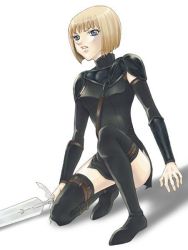 Rule 34 | 1girl, armor, black thighhighs, blue eyes, bob cut, boots, clare (claymore), claymore (series), claymore (sword), detached sleeves, ichigowish, kneeling, pauldrons, short hair, shoulder armor, solo, sword, thigh boots, thigh strap, thighhighs, vambraces, weapon