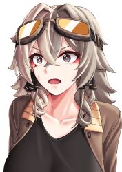 Rule 34 | 1girl, absurdres, brown hair, curly hair, eyewear on head, grey hair, highres, honkai (series), honkai impact 3rd, jacket, open clothes, open jacket, open mouth, pyeong-il pyeongil, short hair, simple background, surprised, sweat, sweatdrop, vill-v, white background