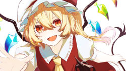 Rule 34 | 1girl, arm up, ascot, blonde hair, breasts, collared shirt, commentary request, crossed bangs, crystal, dress, fang, flandre scarlet, frills, hair between eyes, hand up, hat, hat ribbon, highres, ikasoba, jewelry, laevatein (touhou), looking at viewer, medium breasts, mob cap, multicolored eyes, multicolored wings, one side up, open mouth, orange eyes, polearm, puffy short sleeves, puffy sleeves, red dress, red eyes, red ribbon, ribbon, shirt, short hair, short sleeves, simple background, smile, solo, spear, tongue, touhou, weapon, white background, white hat, wings, yellow ascot, yellow eyes
