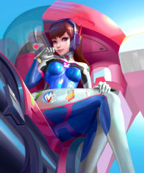 Rule 34 | 1girl, absurdres, armor, blue eyes, blue sky, bodysuit, boots, breasts, brown hair, d.va (overwatch), day, emblem, facial mark, from below, gloves, hand on own face, hand to own mouth, headphones, heart, highres, light smile, logo, long hair, looking at viewer, md5 mismatch, mecha, medium breasts, meka (overwatch), overwatch, overwatch 1, pilot suit, questpowers, resized, resolution mismatch, robot, sitting, skin tight, sky, solo, source larger, swept bangs, thigh boots, thighhighs, thighs, whisker markings, white footwear, white gloves