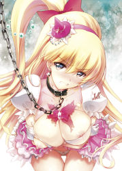 Rule 34 | 1girl, asahina mirai, blonde hair, blue eyes, bow, breasts, chain, chain leash, cleavage, clenched teeth, collar, cowboy shot, crossed arms, cure miracle, defeat, earrings, hair bow, hairband, half updo, hat, jewelry, leash, long hair, looking at viewer, magical girl, mahou girls precure!, mini hat, mini witch hat, nipple slip, nipples, panties, pink hat, pink skirt, ponytail, precure, red bow, serizawa katsumi, shiny skin, skirt, solo, teeth, textless version, thigh gap, torn clothes, underwear, viewer holding leash, witch hat