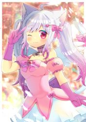 Rule 34 | 1girl, ;), ahoge, animal ears, arm up, bare shoulders, blurry, blurry background, blush, bow, breasts, cat ears, cat girl, cat tail, choker, closed mouth, collarbone, copyright request, depth of field, detached sleeves, double v, elbow gloves, frilled choker, frills, gloves, gradient hair, hair ornament, hairclip, heart, heart choker, heart hair ornament, kou hiyoyo, layered skirt, long hair, looking at viewer, medium breasts, multicolored hair, one eye closed, pink bow, pink choker, pink gloves, pink hair, pink sleeves, pleated skirt, puffy short sleeves, puffy sleeves, short sleeves, silver hair, skirt, smile, solo, strapless, tail, tail bow, tail ornament, tail raised, twintails, v, very long hair, virtual youtuber, white skirt