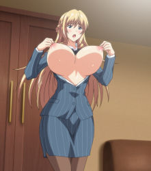 1girl blonde_hair blue_eyes blush bra bra_lift breasts breasts_out brown_pantyhose formal_clothes highres huge_breasts kisshouji_arisa kyonyuu_reijou_mc_gakuen long_hair nipple_stimulation nipple_tweak nipples open_mouth pantyhose screencap skirt skirt_suit suit t-rex_(animation_studio) underwear