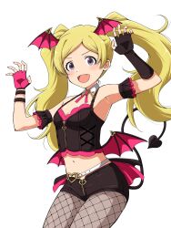 Rule 34 | 1girl, :d, armpits, arms up, asymmetrical gloves, belt, belt buckle, black bustier, black gloves, black pantyhose, black shorts, black skirt, black wristband, blonde hair, blush, breasts, brooch, buckle, bustier, claw pose, commentary request, cowboy shot, demon tail, demon wings, detached collar, detached sleeves, dot nose, elbow gloves, emily stewart, eyelashes, fangs, fingerless gloves, fingernails, fishnet pantyhose, fishnets, frilled sleeves, frills, gloves, head wings, heart, heart brooch, heart o-ring, highres, idolmaster, idolmaster million live!, jewelry, layered skirt, long hair, looking at viewer, low wings, matcha kingyo, mismatched gloves, nail polish, navel, neck ribbon, o-ring, o-ring belt, open mouth, overskirt, pantyhose, parted bangs, pink overskirt, purple eyes, purple gloves, purple nails, purple ribbon, ribbon, short shorts, short sleeves, shorts, simple background, skirt, sleeveless, small breasts, smile, solo, studded belt, tail, thighs, twintails, uneven gloves, white background, white belt, wings, zipper, zipper pull tab