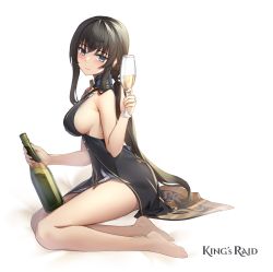 Rule 34 | 1girl, absurdres, alcohol, bare legs, barefoot, bed sheet, black dress, black hair, blue eyes, blue ribbon, blush, bottle, breasts, champagne flute, copyright name, cup, dress, drinking glass, from side, full body, halterneck, highres, hilda (king&#039;s raid), holding, holding bottle, holding cup, king&#039;s raid, large breasts, long hair, looking at viewer, looking to the side, low ponytail, milyu, neck ribbon, ponytail, ribbon, side slit, sideboob, sidelocks, simple background, sitting, sleeveless, sleeveless dress, smile, solo, very long hair, white background, wine, wine bottle