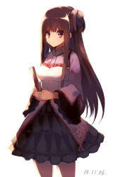 Rule 34 | 1girl, backlighting, bad id, bad pixiv id, black skirt, blush, brown hair, closed mouth, copyright request, cowboy shot, dated, folding fan, hair ornament, hand fan, holding, holding fan, long hair, purple eyes, simple background, skirt, smile, solo, sushikuugo (suisen), white background, wide sleeves