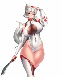 Rule 34 | 1girl, alternate costume, animal ears, bare shoulders, blade, blush, breasts, cameltoe, covered erect nipples, detached sleeves, female focus, highres, holding, holding weapon, huge breasts, inubashiri momiji, leaf, leotard, maple leaf, orange eyes, red eyes, shield, short hair, silver hair, solo, tail, taimanin (series), taimanin suit, thighhighs, thighs, tochinoko, touhou, weapon, white leotard, white thighhighs, wide hips, wolf ears, wolf tail