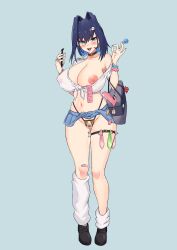 Rule 34 | 1girl, alternate costume, armpits, asymmetrical legwear, bag, blue eyes, blue hair, breasts, candy, cellphone, cleavage, cleft of venus, clothes lift, condom, condom belt, condom thigh strap, cropped shirt, crotchless, crotchless panties, dildo, female pubic hair, food, full body, gyaru, hair intakes, highres, holding, holding phone, hololive, hololive english, huge breasts, large breasts, lollipop, looking at viewer, midriff, navel, nipples, no bra, ok sign, ouro kronii, panties, phone, pubic hair, pussy, revealing clothes, rika (akarika057), see-through, sex toy, shirt, short hair, simple background, skirt, skirt lift, smartphone, smile, socks, solo, tally, uncensored, underwear, used condom, vibrator, virtual youtuber