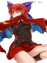 Rule 34 | 1girl, arm support, bow, breasts, cape, hair bow, highres, leaning back, long sleeves, miniskirt, pleated skirt, red eyes, red hair, red skirt, sanagi (diohazard), sekibanki, short hair, simple background, skirt, solo, touhou, white background