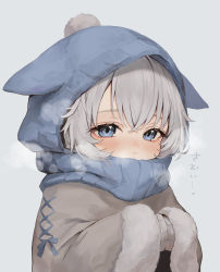 Rule 34 | 1girl, absurdres, bad id, bad twitter id, blue eyes, blue headwear, blue scarf, blush, child, closed mouth, eyebrows hidden by hair, gradient background, grey background, hair between eyes, highres, ishida umi, looking at viewer, oguri cap (umamusume), scarf, silver hair, solo, steam, translation request, umamusume, upper body, winter clothes