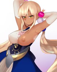 Rule 34 | 1girl, absurdres, armpits, arms up, blonde hair, breasts, dark-skinned female, dark skin, gloves, highres, hololive, hololive english, large breasts, nipples, one breast out, solo, tsukumo sana, twintails, virtual youtuber, witchmyst, yellow eyes