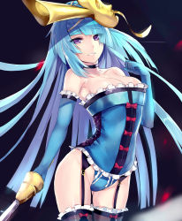 Rule 34 | 1girl, blue hair, breasts, cleavage, elbow gloves, florice, garter straps, gloves, hime cut, kyouki, long hair, mask, purple eyes, smile, solo, sword, thighhighs, tower of saviors, weapon