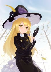 Rule 34 | 1girl, adapted costume, autumn leaves, black gloves, black shirt, black skirt, blonde hair, blue sky, blurry, braid, cloud, day, depth of field, expressionless, frilled skirt, frills, glove pull, gloves, hair ribbon, hat, hat ribbon, high collar, highres, kanpa (campagne 9), kirisame marisa, layered skirt, long hair, long sleeves, looking at viewer, outdoors, ribbon, shirt, shirt under shirt, single braid, single glove, skirt, sky, solo, touhou, tree, tress ribbon, very long hair, white shirt, witch hat, yellow eyes