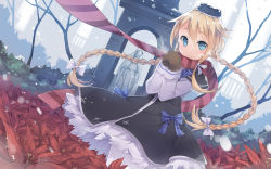 Rule 34 | 1girl, blonde hair, blue eyes, bow, braid, copyright request, dutch angle, field, flower, flower field, fred04142, hair bow, hair ribbon, hat, highres, long hair, looking at viewer, magi in wanchin basilica, mittens, ribbon, scarf, smile, snowing, solo, steam, twin braids, twintails, very long hair, wind, xiao ma