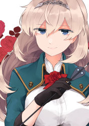 Rule 34 | 1girl, absurdres, amot 211, arrow (projectile), black gloves, blonde hair, blue eyes, breasts, flower, gloves, green jacket, highres, holding, holding arrow, jacket, kantai collection, long hair, medium breasts, red flower, red rose, rose, short sleeves, solo, tiara, upper body, victorious (kancolle)