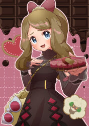 Rule 34 | 1girl, :d, absurdres, bag, blue eyes, blush, box, brown dress, brown hair, commentary request, creatures (company), dress, eyelashes, game freak, gen 5 pokemon, gift, gift box, heart, highres, incoming gift, long hair, long sleeves, looking at viewer, nintendo, official alternate costume, open mouth, outline, parted bangs, pokemon, pokemon masters ex, raised eyebrows, refisa, serena (palentine&#039;s 2021) (pokemon), serena (pokemon), shoulder bag, sidelocks, smile, whimsicott