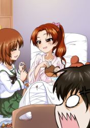 Rule 34 | 3girls, alternate hairstyle, bear hair ornament, bed, black hair, blank eyes, boko (girls und panzer), boko (girls und panzer) (cosplay), brown eyes, brown hair, card, cast, commentary request, cosplay, facing another, frown, girls und panzer, gloom (expression), hair ornament, holding, hospital bed, indoors, kadotani anzu, kawashima momo, key (gaigaigai123), long hair, long sleeves, looking at another, multiple girls, nishizumi miho, on bed, open mouth, parted bangs, pink shirt, ponytail, sharp teeth, shirt, short hair, sitting, smile, sweatdrop, teeth, trembling