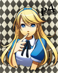 Rule 34 | 1boy, alice (alice in wonderland), alice (alice in wonderland) (cosplay), alice in wonderland, apron, atlus, bad id, bad pixiv id, blonde hair, blue eyes, choumoku (toriko b c), copyright name, cosplay, crossdressing, dress, finger to mouth, hairband, kuma (persona 4), long hair, looking at viewer, male focus, megami tensei, patterned background, persona, persona 4, shin megami tensei, solo, trap, upper body