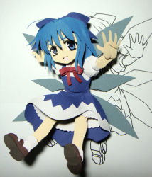 Rule 34 | 1girl, :d, airdia, blue dress, blue eyes, blue hair, bow, bowtie, cirno, dress, embodiment of scarlet devil, follen (639594), grin, ice, ice wings, looking at viewer, matching hair/eyes, open mouth, outstretched arms, papercraft (medium), red bow, red bowtie, smile, solo, teeth, touhou, unconventional media, wings