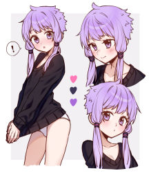 Rule 34 | !, 1girl, :o, ai kusunoki, black sweater, clothes pull, cropped torso, grey background, hair tubes, heart, long sleeves, looking at viewer, multiple views, no pants, own hands together, panties, purple eyes, purple hair, short hair with long locks, sidelocks, smile, spoken exclamation mark, sweater, sweater pull, underwear, v arms, vocaloid, voiceroid, white panties, yuzuki yukari