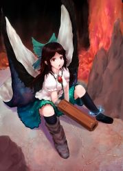 Rule 34 | 1girl, amekosame, black hair, bow, brown hair, cape, female focus, hair bow, kneeling, loafers, long hair, lava, open mouth, red eyes, reiuji utsuho, shoes, sitting, skirt, solo, touhou, wings