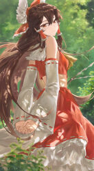Rule 34 | 1girl, absurdres, arms behind back, bare shoulders, bow, breasts, brown eyes, brown hair, bush, closed mouth, commentary request, cowboy shot, crop top, dappled sunlight, day, detached sleeves, frilled bow, frilled hair tubes, frilled shirt collar, frills, from behind, from side, gohei, hair between eyes, hair bow, hair tubes, hakurei reimu, half-closed eyes, highres, interlocked fingers, light blush, light smile, long hair, long sleeves, midriff, outdoors, petticoat, red bow, red skirt, red vest, ribbon-trimmed sleeves, ribbon trim, shalink, sidelocks, skirt, skirt set, sleeves past wrists, small breasts, solo, sunlight, touhou, tree, v arms, very long hair, vest, wide sleeves