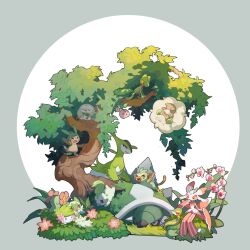 Rule 34 | :d, bellossom, bird, border, bright pupils, bush, cherubi, chespin, chikorita, circle, closed eyes, colored sclera, commentary, creatures (company), facing viewer, flower, foliage, full body, game freak, gen 2 pokemon, gen 3 pokemon, gen 4 pokemon, gen 5 pokemon, gen 6 pokemon, gen 7 pokemon, gen 8 pokemon, grass, grey background, grey border, grookey, highres, lanjiujiu, leaf, legendary pokemon, looking at another, looking down, looking up, lurantis, lying, mythical pokemon, nature, nintendo, no humans, open mouth, pink eyes, pink flower, pink sclera, pokemon, pokemon (creature), rowlet, shaymin, shaymin (land), sitting on branch, sleeping, smile, snivy, sprigatito, teeth, torterra, treecko, two-tone background, u u, upper teeth only, virizion, whimsicott, white background, white pupils
