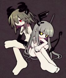 Rule 34 | 2girls, barefoot, black hands, black sclera, black tail, blonde hair, blunt bangs, breasts, brown background, colored extremities, colored sclera, commission, completely nude, demon horns, demon tail, earrings, feet, funamusea, funamusea (artist), grey hair, hair over breasts, hair over one eye, hanten (funamusea), horns, implied yuri, jewelry, kurotsuno, multiple girls, nude, official art, pointy ears, red eyes, scar, scar on chest, skeb commission, small breasts, sutare yume, tail, white nails, yellow eyes