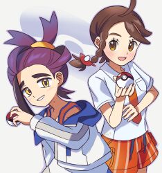 Rule 34 | 1boy, 1girl, :d, blush, braid, breast pocket, brown eyes, brown hair, collared shirt, commentary request, creatures (company), eyelashes, game freak, grin, hand up, highres, holding, holding poke ball, jacket, juliana (pokemon), kieran (pokemon), mole, mole on neck, multicolored hair, necktie, nintendo, open mouth, orange (orangelv20), orange necktie, orange shorts, pocket, poke ball, poke ball (basic), pokemon, pokemon sv, purple hair, shirt, short sleeves, shorts, smile, teeth, two-tone hair, white shirt, yellow eyes
