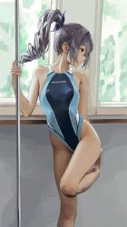 Rule 34 | 1girl, absurdres, alternate costume, bare arms, bare shoulders, blue one-piece swimsuit, closed mouth, commentary, competition swimsuit, drill hair, drill ponytail, english commentary, grey eyes, grey hair, highleg, highleg swimsuit, highres, holding, holding pole, honkai: star rail, honkai (series), leg up, looking to the side, one-piece swimsuit, pole, silver wolf (honkai: star rail), solo, swimsuit, thighs, yohwa