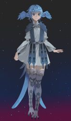 Rule 34 | 1girl, absurdres, bird tail, blue eyes, blue hair, brooch, closed mouth, dress, final fantasy, final fantasy xiv, full body, gg dal, gradient background, grey dress, head wings, highres, jewelry, long sleeves, looking at viewer, meteion, monster girl, short dress, short hair, skirt hold, smile, solo, standing, tail, talons, wings