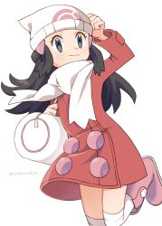 Rule 34 | 1girl, 4rion, absurdres, bag, beanie, black hair, boots, closed mouth, coat, commentary request, creatures (company), dawn (pokemon), duffel bag, eyelashes, game freak, grey eyes, hair ornament, hairclip, hand up, hat, highres, leg up, long hair, long sleeves, nintendo, over-kneehighs, pink footwear, poke ball print, pokemon, pokemon dppt, pokemon platinum, red coat, scarf, simple background, smile, solo, thighhighs, twitter username, white background, white bag, white hat, white over-kneehighs, white scarf, white thighhighs