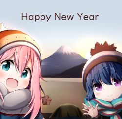 Rule 34 | 2girls, :d, beanie, blue eyes, blue hair, blue sky, blush, closed mouth, commentary request, day, grey scarf, hair between eyes, happy new year, hat, highres, kagamihara nadeshiko, kuena, looking at viewer, mount fuji, multiple girls, new year, open mouth, outdoors, pink hair, purple eyes, scarf, shima rin, sky, smile, sunrise, white headwear, yurucamp