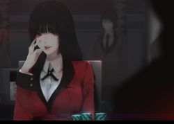 Rule 34 | 10s, 1boy, 1girl, absurdres, aoi ogata, artist name, black hair, black ribbon, blunt bangs, blurry, breasts, chair, commentary, depth of field, fingernails, fingers to cheeks, formal, highres, hime cut, indoors, jabami yumeko, jacket, kakegurui, large breasts, light trail, lips, long hair, looking at viewer, nail polish, necktie, open mouth, poker chip, red eyes, red suit, ribbon, school uniform, shirt, sitting, smile, solo focus, suit, suit jacket, suzui ryouta, teeth, very long hair