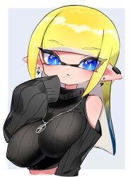 Rule 34 | 1girl, bazumi, black sweater, blonde hair, blue eyes, blue hair, border, breasts, colored tips, commentary, crop top, cropped sweater, cropped torso, earrings, grey background, highres, inkling, inkling girl, inkling player character, large breasts, lightning bolt earrings, lightning bolt symbol, long hair, multicolored hair, nintendo, outside border, pointy ears, simple background, single bare shoulder, sleeves past fingers, sleeves past wrists, solo, splatoon (series), sweater, symbol-only commentary, tentacle hair, two-tone hair, upper body, white border