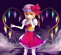 Rule 34 | 1girl, blood, blood on face, blush, bow, flandre scarlet, fork, hachimitsu ame (phoenix), hat, hat bow, heart, heart wings, highres, licking, red eyes, solo, touhou, wings