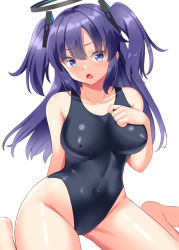 Rule 34 | 1girl, arm behind back, black one-piece swimsuit, blue archive, breasts, collarbone, competition swimsuit, covered navel, halo, large breasts, long hair, one-piece swimsuit, open mouth, purple eyes, purple hair, simple background, sitting, solo, swimsuit, tokyo yamane, two side up, white background, yuuka (blue archive)