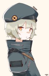 Rule 34 | 1girl, bandaid, bandaid on face, bandaid on nose, beret, black jacket, black sleeves, brown eyes, character name, commentary request, girls&#039; frontline, green jacket, grey hair, gun sling, hair between eyes, hat, highres, hs2000 (girls&#039; frontline), jacket, long sleeves, looking at viewer, popped collar, shirt, simple background, sling (weapon), solo, tosyeo, white background