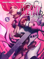 Rule 34 | 1girl, breasts, cover, fingerless gloves, gloves, guitar, headphones, heavy metal (magazine), instrument, lips, lipstick, looking at viewer, magazine cover, makeup, microskirt, midriff, nail polish, open clothes, panties, pantyshot, pepper project, skirt, solo, speech bubble, stanley lau, underwear, upskirt, watermark