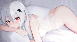 Rule 34 | 1girl, :o, absurdres, arknights, ass, bare shoulders, bed sheet, blush, bottomless, breasts, camisole, hair between eyes, highres, long hair, lying, medium breasts, on bed, on stomach, orca hair ornament, parted lips, sawaki ken, see-through, silver hair, skadi (arknights), solo, underwear, underwear only