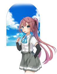 Rule 34 | 1girl, arm warmers, asagumo (kancolle), black ribbon, blue eyes, blue neckwear, blue sky, blush, breasts, brown hair, closed mouth, cloud, collared shirt, commentary request, day, dress shirt, food, grey skirt, hair between eyes, hair ribbon, hand in pocket, holding, holding food, kantai collection, long hair, looking at viewer, nuno (pppompon), pleated skirt, ponytail, popsicle, ribbon, shirt, short sleeves, skirt, sky, small breasts, solo, suspender skirt, suspenders, sweat, tongue, tongue out, very long hair, white shirt