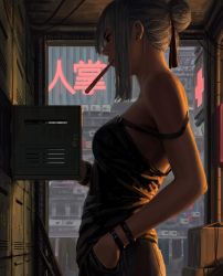 Rule 34 | 1girl, absurdres, bare shoulders, black camisole, black pants, breasts, camisole, closed mouth, commentary, day, earrings, english commentary, from side, grey hair, guweiz, hair bun, hand in pocket, highres, indoors, jewelry, mailbox (incoming mail), medium breasts, mouth hold, neon lights, original, pants, profile, sidelocks, single hair bun, solo, strap slip, stud earrings, thick eyebrows