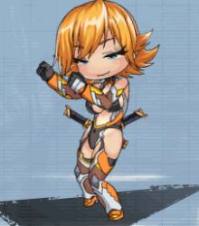 Rule 34 | 1girl, animated, animated gif, bare shoulders, blonde hair, blue eyes, bodysuit, boots, breasts, chibi, cleavage cutout, clothing cutout, covered navel, dual wielding, fighting stance, full body, gloves, highleg, highleg leotard, holding, igawa sakura, jumping, large breasts, leotard, lilith-soft, looking to the side, lowres, one-piece tan, punching, revealing clothes, shiny skin, short hair, simple background, skin tight, smile, solo, taimanin (series), taimanin asagi, taimanin rpgx, taimanin suit, tan, tanline, thigh boots, thighhighs, wide hips