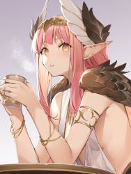 Rule 34 | 1girl, armlet, bare shoulders, blush, bracelet, breasts, brown wings, circe (fate), cup, diadem, fate/grand order, fate (series), feathered wings, gradient background, head wings, highres, jewelry, kaerunoko, long hair, looking at viewer, necklace, no bra, open mouth, parted lips, pink hair, pointy ears, sidelocks, small breasts, solo, wings, yellow eyes
